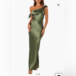 NWOT- Petal & Pup Selma One-Shoulder Satin Gown, Olive, Medium